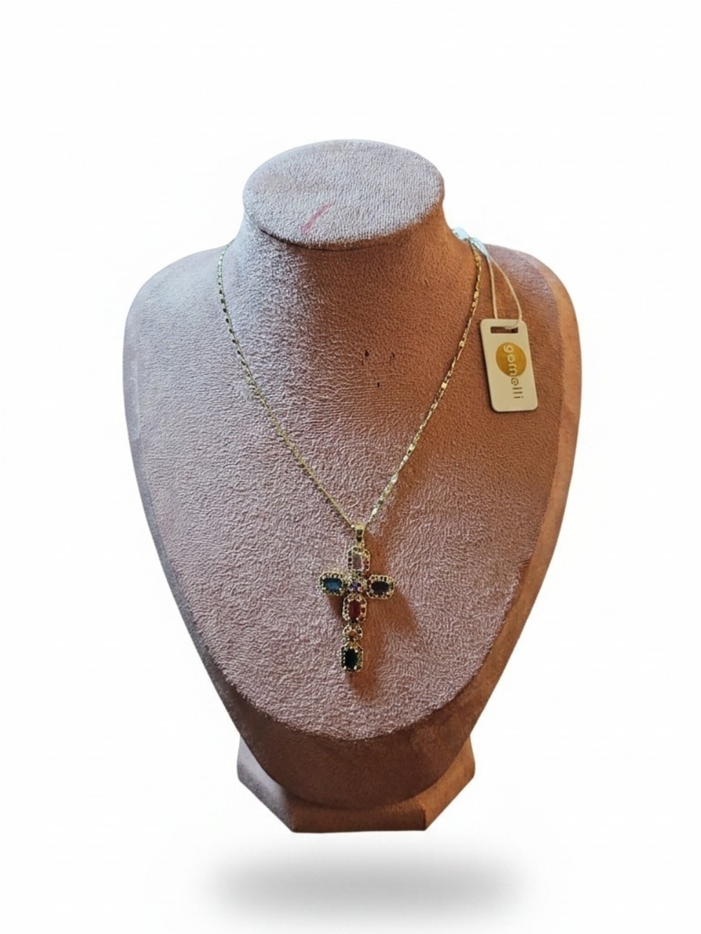 Nwt Gemelli Gold Cross Pendant Necklace with Green and Blue Gemstones -